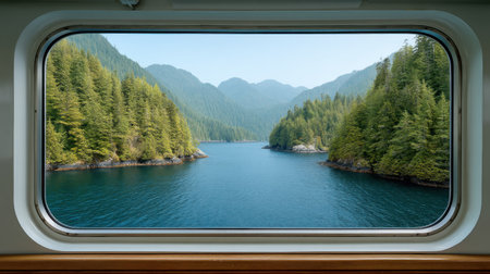 Experience a breathtaking view through a large window framing a tranquil waterway, surrounded by vibrant forests and stunning mountains, inviting adventure and relaxation.の素材
