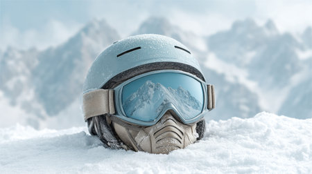 A striking snow-covered helmet wearing ski goggles reflects majestic mountain peaks, showcasing a serene winter alpine landscape perfect for adventure enthusiasts.の素材