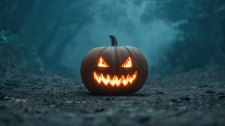 A captivating image of a glowing jack-o'-lantern with a mischievous smile in a misty forest at night, perfect for evoking Halloween vibes and autumn celebrations.の素材