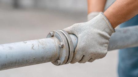 Close-up view of a worker in gloves skillfully connecting steel pipes with a metal coupling. The image captures the intricate details of hand movements in an industrial setting.の素材