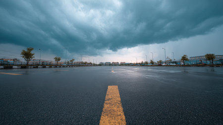 An empty parking lot glistens after rain, with a dramatic stormy sky above, showcasing reflections on the wet asphalt. The scene conveys tranquility amidst nature's intensity.の素材