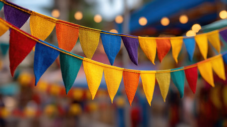 Bright and colorful flags adorn a festival setting, enhancing the joyful atmosphere of an outdoor celebration with soft background lights and vibrant designs.の素材