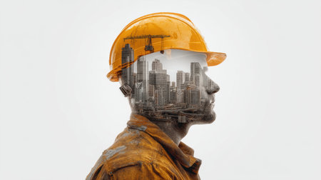 Captivating double exposure image of a construction worker with a city skyline reflected in his silhouette, illustrating the synergy between labor and urban development.の素材
