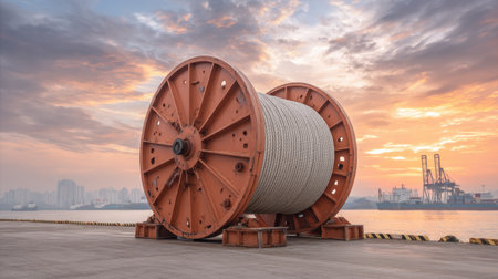 A large industrial cable spool stands at a harbor during sunset, surrounded by cranes and a skyline, capturing the essence of maritime engineering and industrial work.の素材