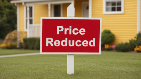 A vibrant price reduced sign prominently displayed in front of a cheerful yellow house, highlighting the opportunity for potential buyers in a beautiful neighborhood.の素材