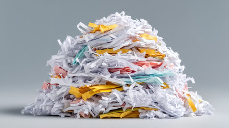 A detailed image of a mound of shredded paper in various colors against a gray background, highlighting concepts of waste management and office organization.の素材