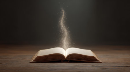 A mesmerizing open book floats in a dark setting, emitting sparkling light particles that create a magical and enchanting atmosphere, perfect for creative inspiration.の素材