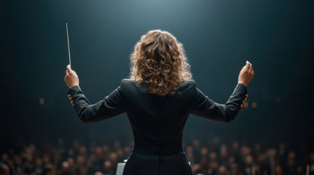 A skilled female conductor passionately leads a symphony orchestra, captivating the audience with her dynamic gestures and artistic presence in a stunning performance.の素材