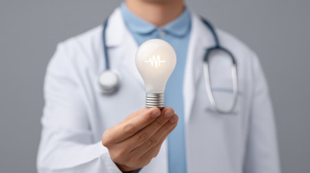 A healthcare professional showcases a glowing light bulb, representing innovative ideas in the medical field. A stethoscope adds a touch of professionalism and care.の素材