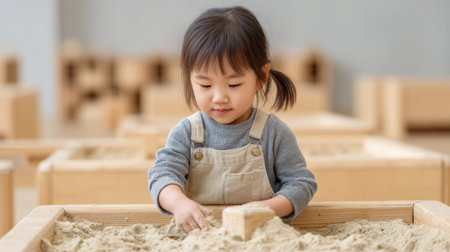 A young girl enjoys playing with sand in a beautifully designed indoor space. This scene captures the essence of creative play and child development through sensory activities.の素材
