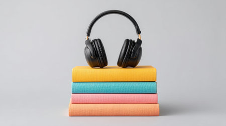 A minimalist composition of black headphones resting on a stack of vibrant books. Perfect for illustrating concepts of music, education, and relaxation in creative projects.の素材