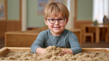 A cheerful boy engages with sand in a vibrant indoor space, highlighting the joy of play and exploration in a kindergarten environment filled with creativity.の素材