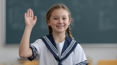 Young girl in a sailor-style school uniform raises her hand with a warm smile in a classroom, conveying enthusiasm for learning and an engaging educational environment.の素材