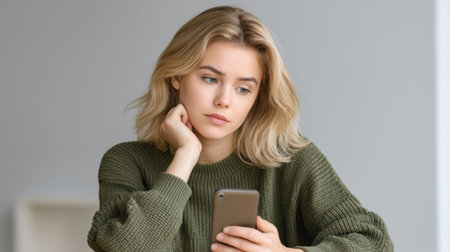 A young woman sits thoughtfully while looking at her smartphone, capturing a moment of reflection and connection in a cozy, warm indoor environment.の素材