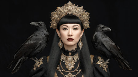 A captivating portrait of a woman adorned in an ornate headpiece and jewelry, flanked by two ravens, evoking themes of dark elegance and mystery against a black backdrop.の素材