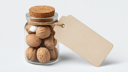 A clear glass jar showcases natural almonds with a cork lid, complemented by a blank label. Perfect for healthy snacks and stylish kitchen organization.の素材