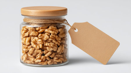 This image features a glass jar filled with walnut halves topped with a wooden lid, accompanied by a blank tag ideal for labeling or branding in food photography.の素材