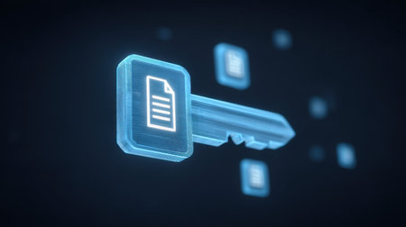 This digital artwork features a transparent key icon symbolizing security and protection of data, surrounded by document symbols, perfect for cybersecurity themes.の素材
