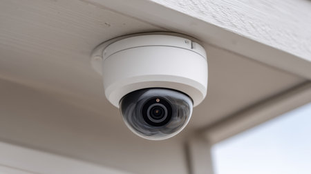 This image features a sleek indoor security camera mounted on a ceiling, designed for effective surveillance and monitoring in residential or commercial spaces.の素材