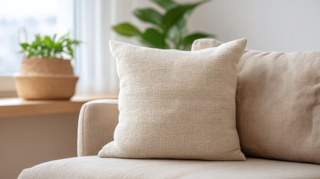 A cozy beige throw pillow on a light brown sofa creates a warm and inviting atmosphere in a modern living space filled with natural light and greenery.の素材