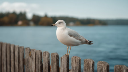 A seagull stands gracefully on a wooden fence, overlooking serene blue waters. The tranquil environment captures the essence of wildlife and outdoor beauty.の素材