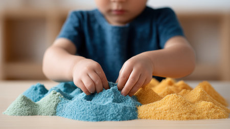 A child engages in imaginative play with yellow and blue sand, crafting colorful mountains. This vibrant activity enhances sensory skills and creativity.の素材