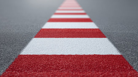 A detailed close-up of a red and white striped crosswalk on an asphalt road. The soft focus creates a modern urban aesthetic, emphasizing safety and design.の素材