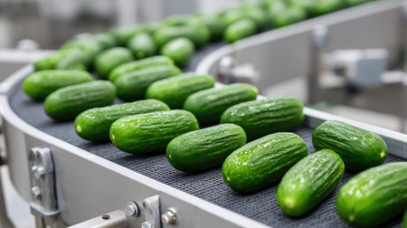 Fresh cucumbers are carefully placed on a conveyor belt in a food processing facility, showcasing the efficiency and technology behind modern agricultural practices.の素材