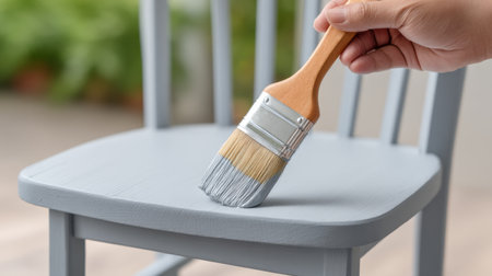 A person actively paints a gray wooden chair, showcasing creativity and renovation efforts in a well-lit indoor space, emphasizing modern home decor style.の素材