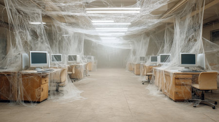 An abandoned office space enveloped in cobwebs and dust. Old computers sit idle on empty desks, creating an eerie atmosphere of neglect and decay.の素材