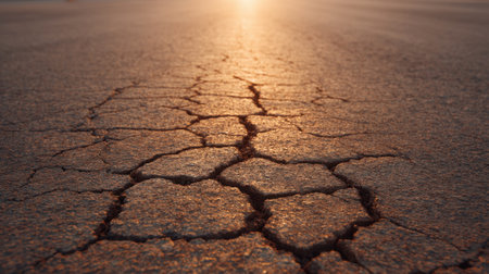 Captivating image of cracked earth at sunset, showcasing intricate textures and warm colors. A striking visual representation of dryness and environmental conditions.の素材