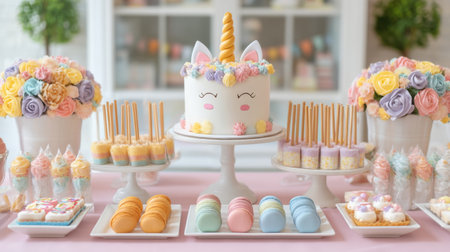 A vibrant dessert table showcasing a whimsical unicorn cake surrounded by colorful sweets, perfect for birthday parties and celebrations, evoking joy and creativity.の素材