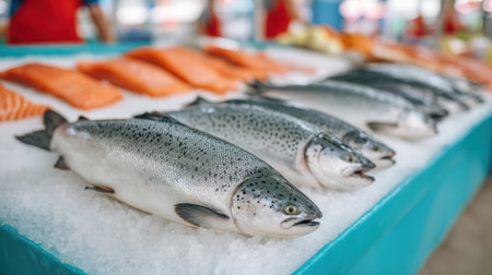 A vibrant and bustling fish market scene showcasing fresh salmon and whole fish on ice, highlighting the seafood selection at a local market for food enthusiasts.の素材