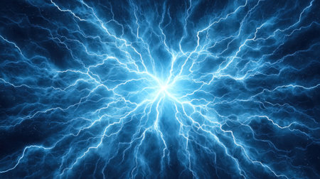 A mesmerizing display of electric energy captured in a dynamic burst of blue lightning illuminating a dark background, perfect for abstract artwork and graphic design use.の素材