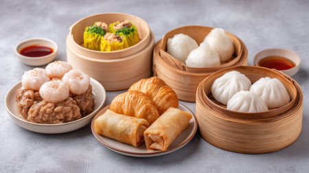 A vibrant display of assorted dim sum dishes in bamboo steamer baskets, showcasing traditional Chinese culinary art with richly flavored savory treats and sauces.の素材