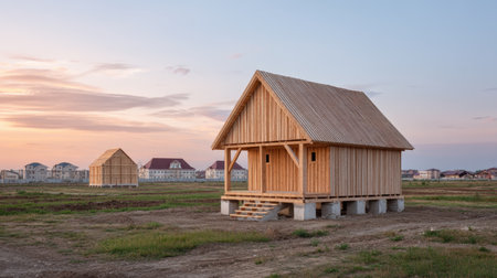A stunning wooden house sits in a vast open field under a colorful sunset. The architecture blends modern design with a tranquil rural landscape, radiating peace.の素材