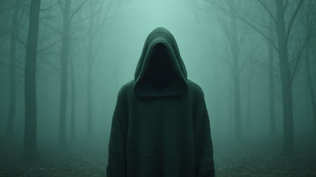 An enigmatic figure stands alone in a foggy forest, enveloped in mystery and shadow. The tranquil yet eerie atmosphere evokes feelings of suspense and solitude.の素材