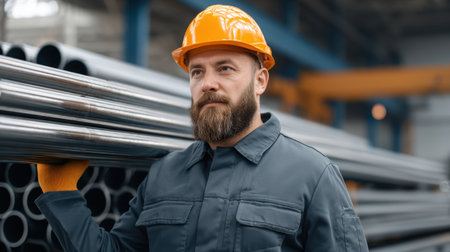 A skilled industrial worker in a safety helmet and gloves stands confidently among steel pipes, showcasing dedication and professionalism in a warehouse setting.の素材