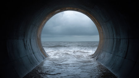 A captivating view from the inside of a dark tunnel looking out to a stormy sea under an ominous sky, showcasing waves and swirling water colors.の素材