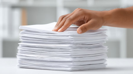 A hand gently places a document on a stack of white sheets in a modern office environment, highlighting themes of organization and productivity in a minimalistic design.の素材
