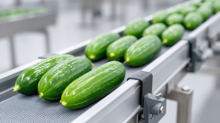Fresh green cucumbers are lined up on a conveyor belt in a modern food processing facility, showcasing the efficiency of vegetable handling in a clean and organized environment.の素材