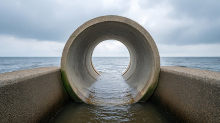 A circular concrete structure frames a stunning view of the calm sea under an overcast sky, creating a sense of depth and tranquility in this coastal scene.の素材