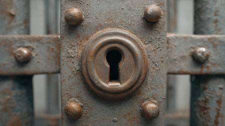 A close-up view of a vintage rusty lock on a heavy metal gate, showcasing the intricate keyhole and weathered details that highlight its historical significance and unique texture.の素材
