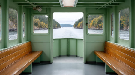 Immerse yourself in a serene ferry ride experience, showcasing a minimalist interior design with comforting wooden benches and panoramic views of calm waters and vibrant autumn hills.の素材