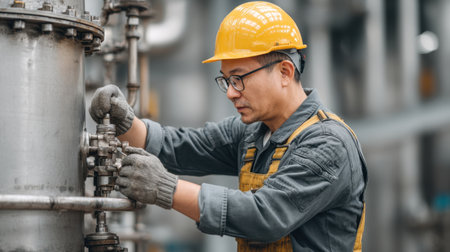 A diligent worker in a yellow hard hat meticulously adjusts an industrial pipe valve in a manufacturing facility, emphasizing safety and expertise in maintenance tasks.の素材