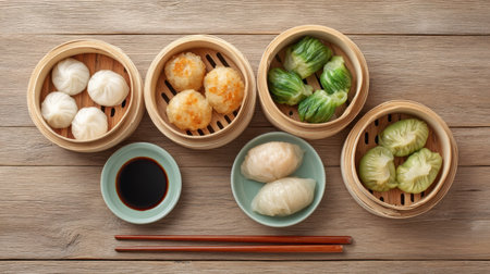 Indulge in an assortment of dim sum featuring various dumplings and vegetables in bamboo steamers, complemented by a dipping sauce, perfect for sharing and enjoying.の素材