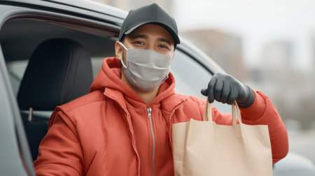 A young man in a red jacket and cap shows a friendly smile while holding a takeout bag from his car window, embodying safe practices during recent times.の素材
