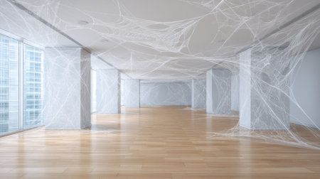 An empty interior space featuring intricate white cobwebs against a minimalistic setting. Large windows provide natural light, creating an intriguing ambiance.の素材