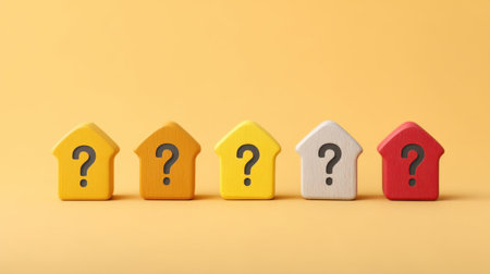 Colorful wooden house blocks with question marks create a vivid representation of uncertainty in real estate decisions. Perfect for illustrating investment challenges.の素材