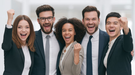 A vibrant group of business professionals expresses joy and excitement while celebrating a successful achievement in a modern office setting. Their teamwork shines.の素材